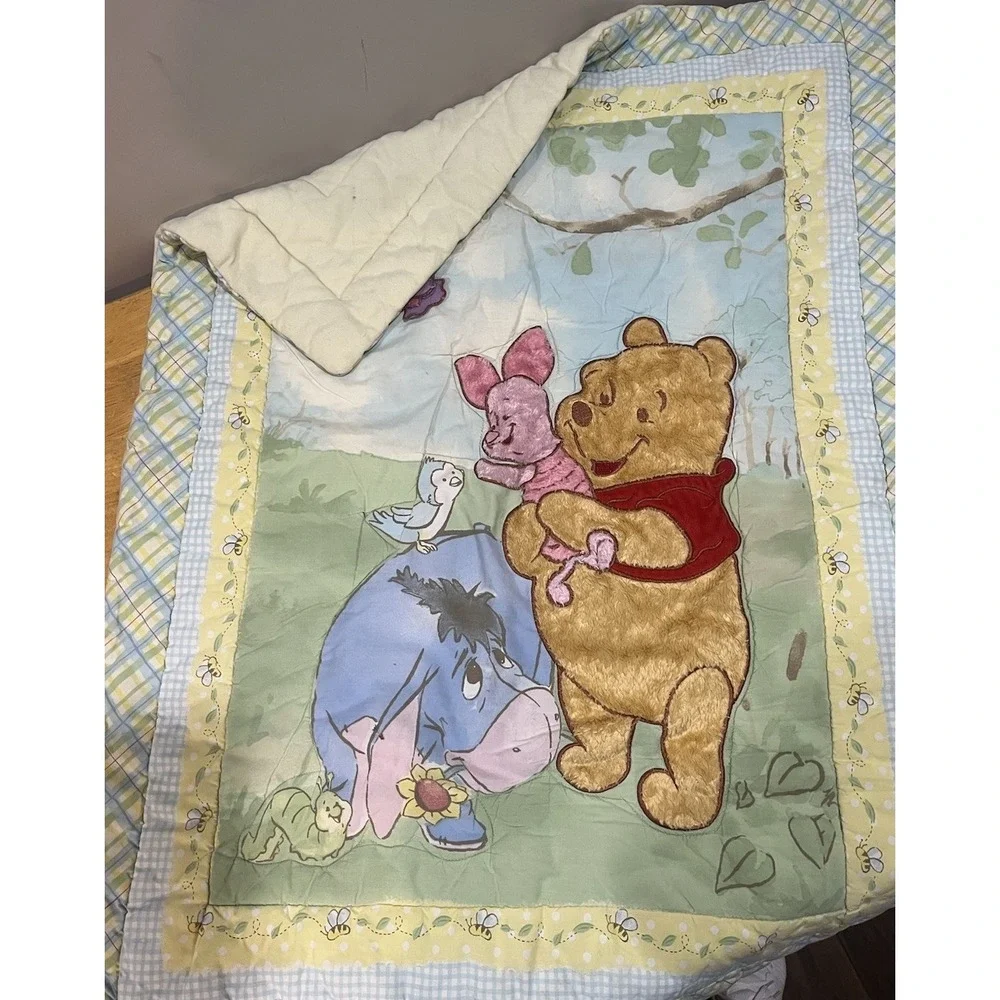 Pooh Piglet Eeyore Bird Butterfly Crib Comforter Bee Blue Yellow Plaid Blanket‎
